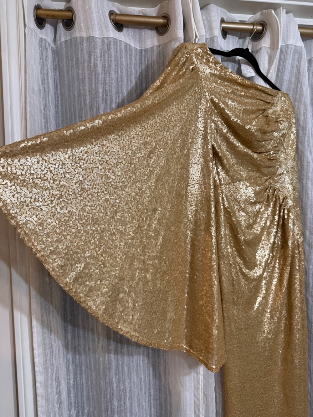 Tadashi Shoji Gold One-Shoulder Sequin Gown with Draped Sleeve - Picture 8 of 10